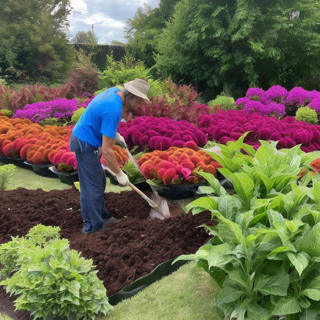 image of a gardener applying mulch to Celosia plants.