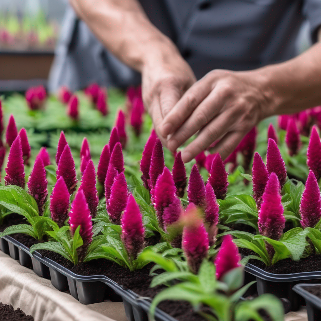 image of a gardener selecting healthy Celosia seedlings at a nursery or florist.