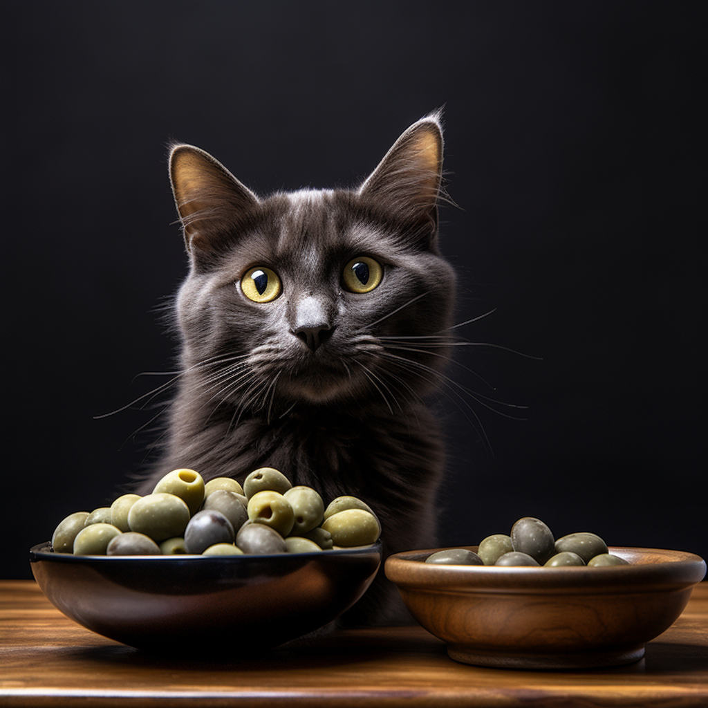 A cute, healthy cat alongside a small portion of olives placed in a cat-friendly bowl.