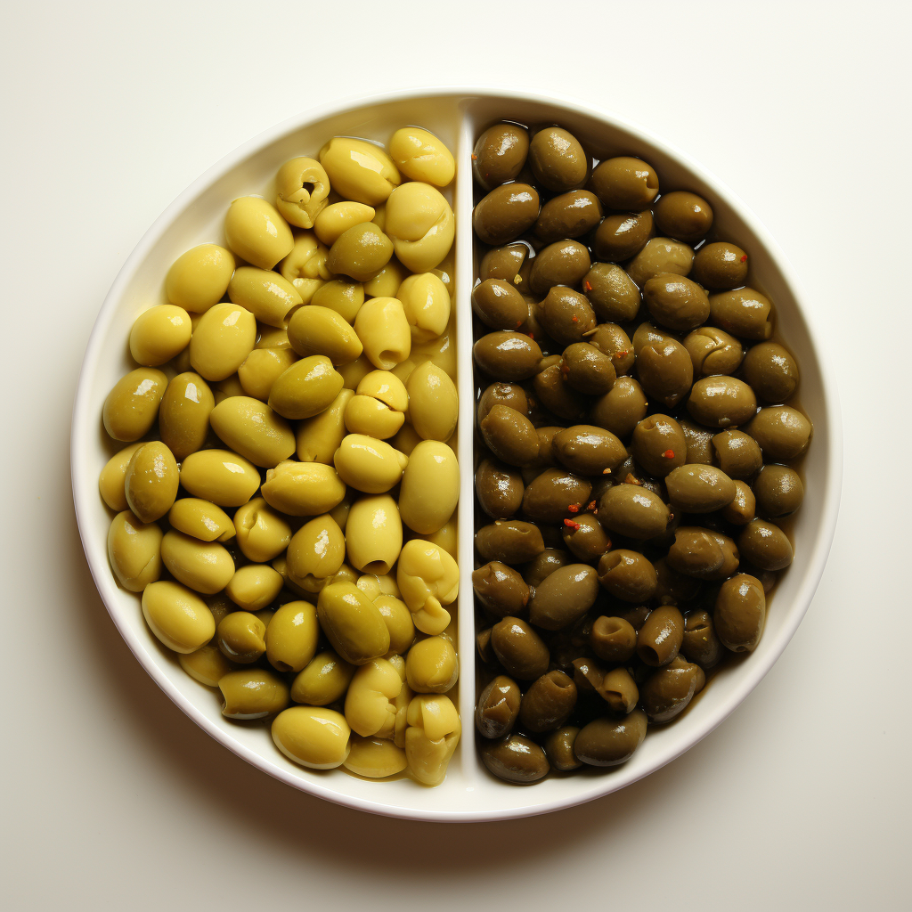 side-by-side comparison image showcasing plain, unsalted olives labeled as "Safe for Cats" on one side and salted, preserved olives labeled as "Unsafe for Cats" on the other side.