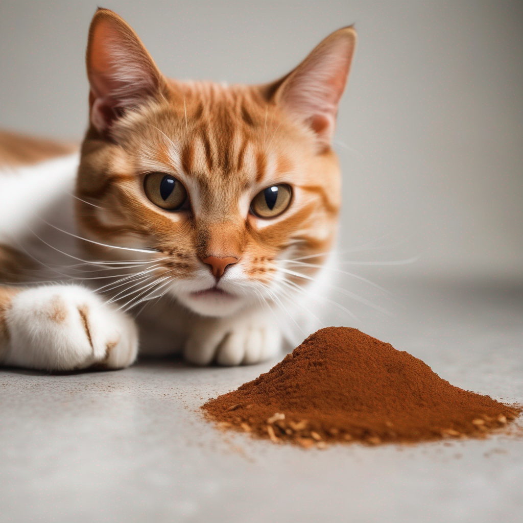 a happy and healthy cat next to a small amount of ground cinnamon.