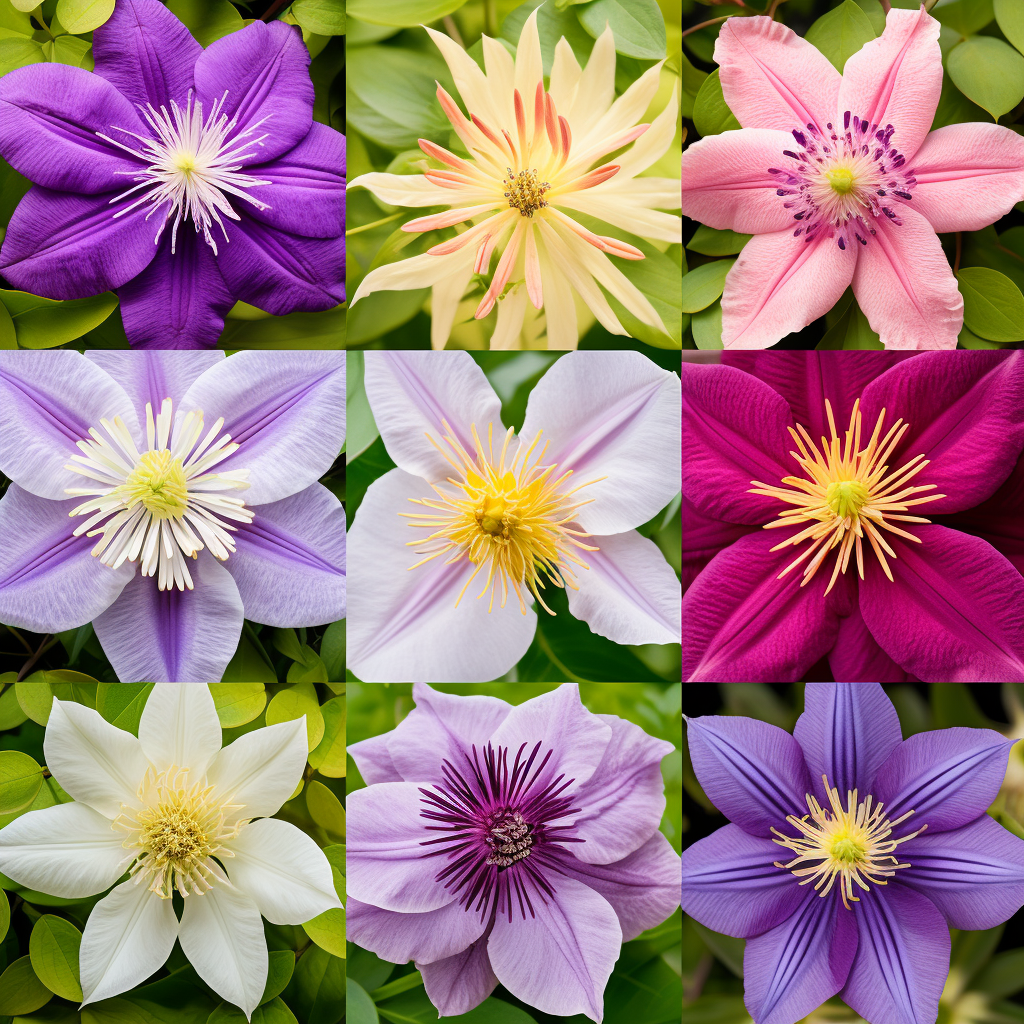 collage displaying a variety of Clematis blooms, showcasing their different colors, shapes, and sizes.