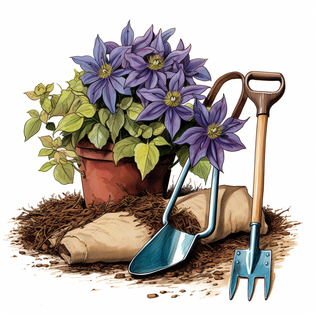 a gardening trowel, a bag of compost, a watering can, and a Clematis plant being positioned at the correct depth in the soil.