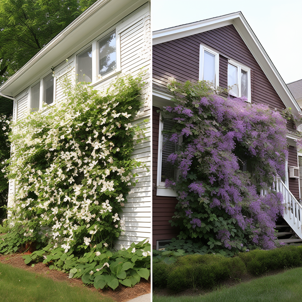 A before-and-after image set, with the "before" showing overgrown and neglected Clematis vines and the "after" displaying beautifully pruned and maintained Clematis with vibrant blooms.