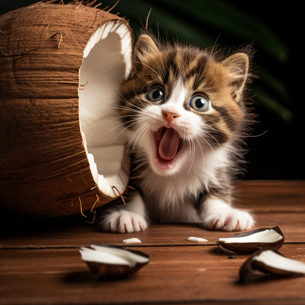 A cat eating coconut.