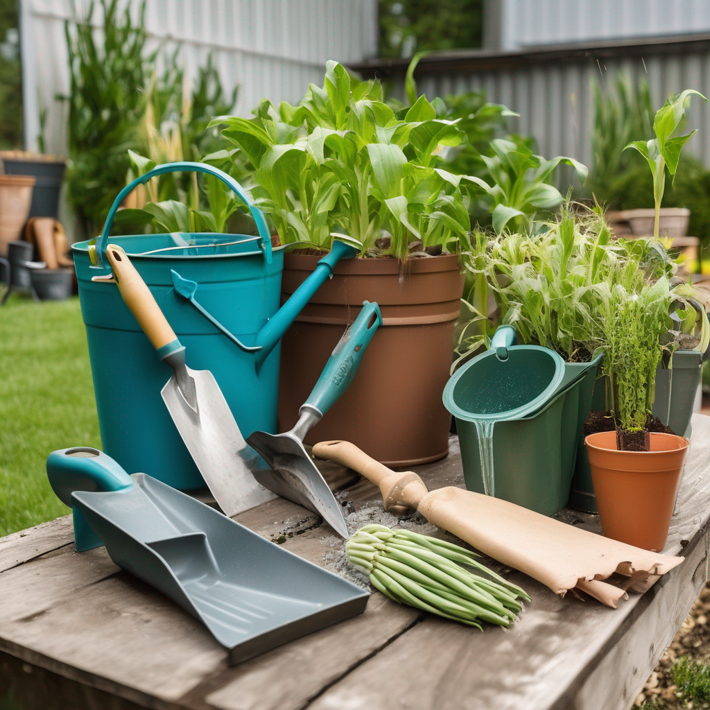 essential gardening tools needed for successful container gardening, such as trowels, gardening gloves, and watering cans.