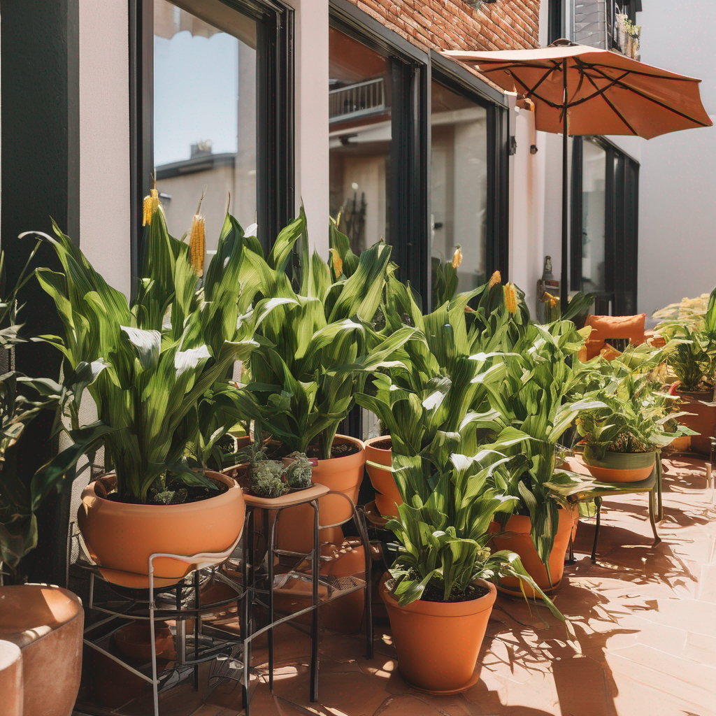 an apartment patio with potted corn plants basking in the warm sun.