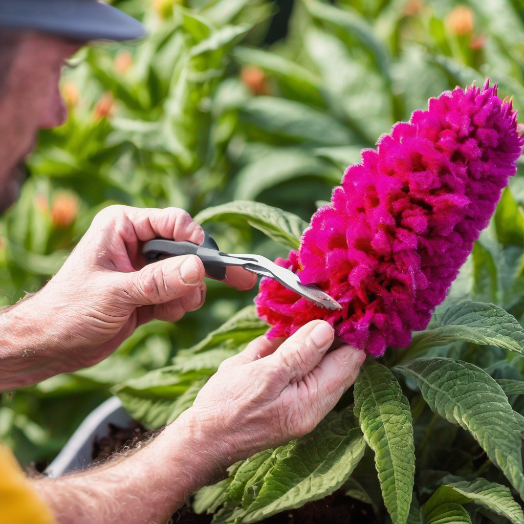 image of a gardener deadheading Celosia blooms.