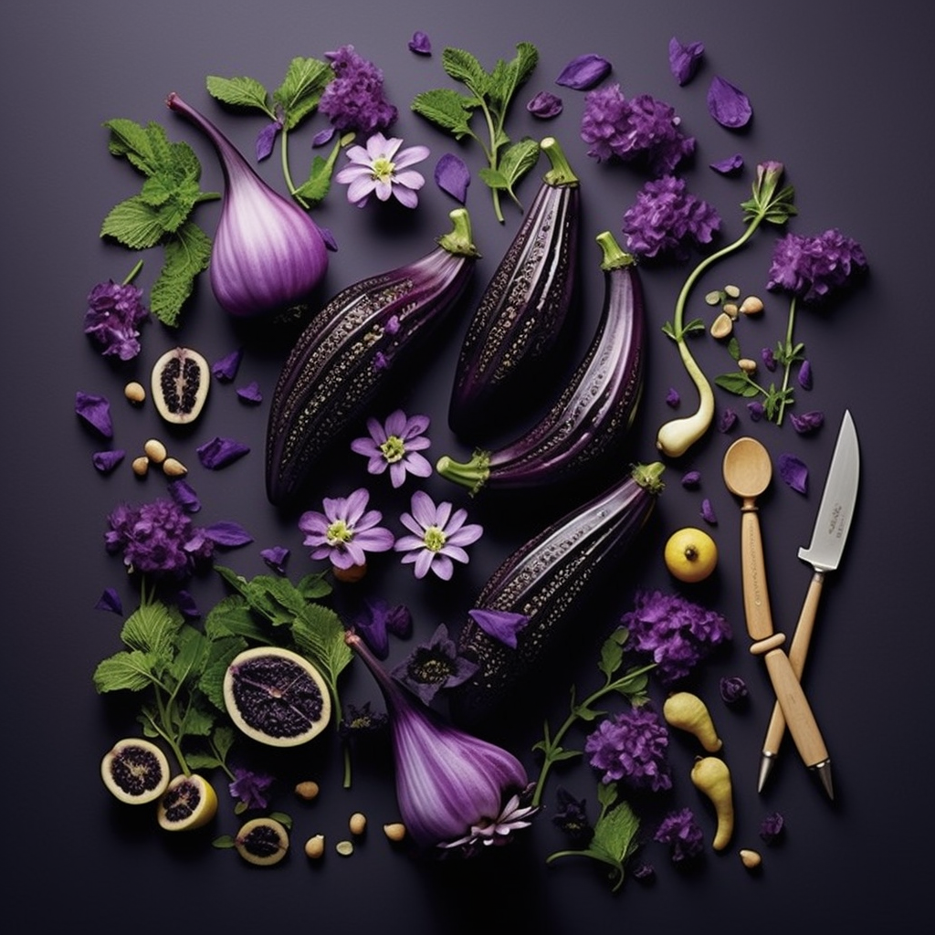 an image that visually contrasts the botanical and culinary perspectives of eggplant. On one side, depict the botanical definition of fruit with eggplant flowers and ovaries. On the other side, showcase a kitchen scene with eggplant in savory dishes, emphasizing its culinary identity.