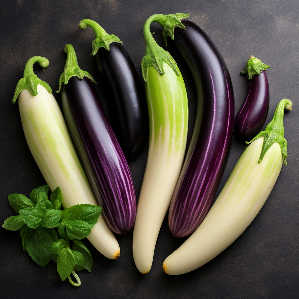 an image showcasing a selection of different eggplant varieties, each in its distinct color and size. Include the common large purple eggplant alongside smaller white, green, and striped varieties to highlight the vegetable's diversity.