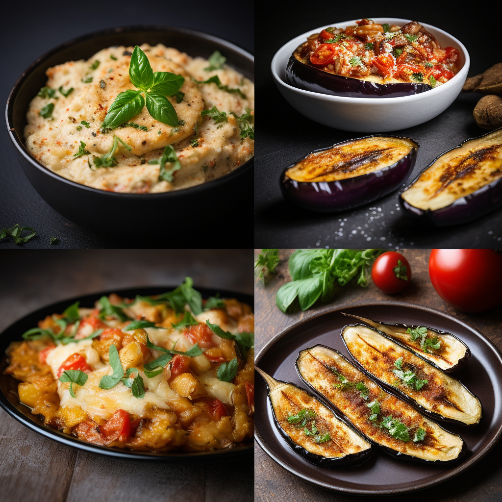 a collage of appetizing dishes featuring eggplant as the primary ingredient. Include images of classic dishes like eggplant parmesan, baba ghanoush, and ratatouille, displaying the vegetable's culinary versatility.