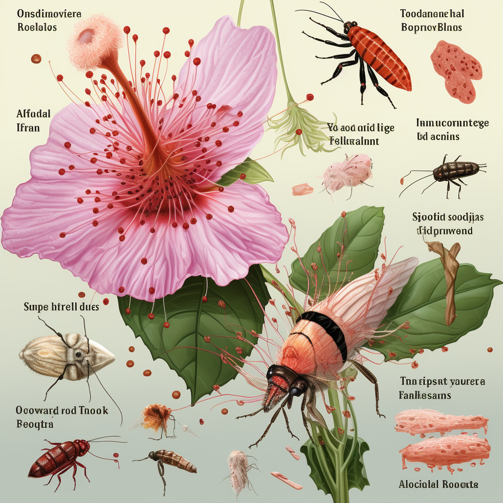 A visual guide displaying common hibiscus pests, showcasing enlarged and detailed images of aphids, spider mites, thrips, and mealybugs.