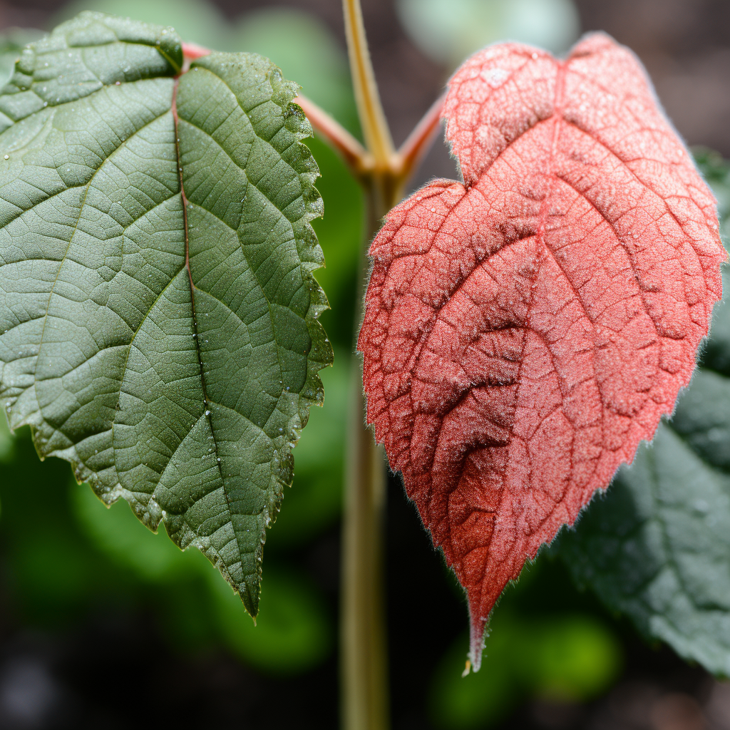 side-by-side comparison of healthy plant leaves and leaves infested with red spider mites.