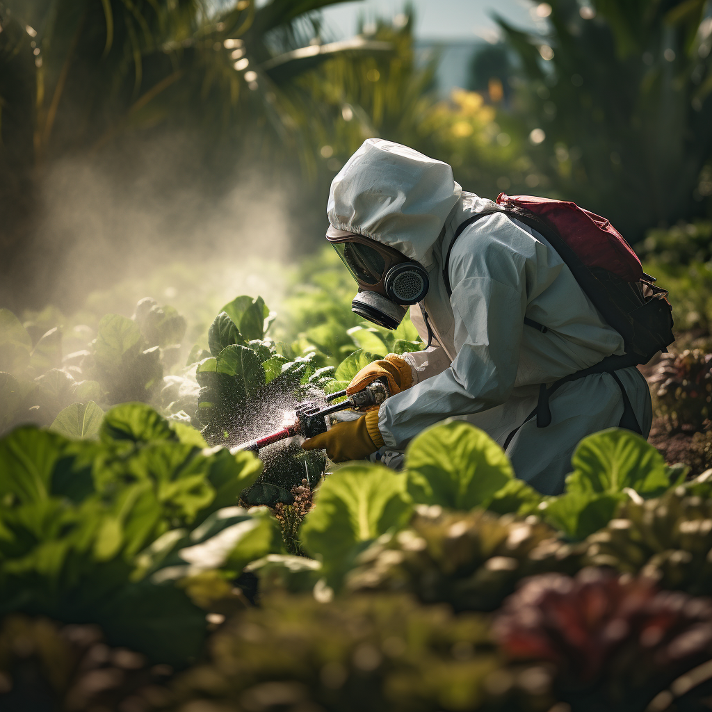 a gardener or farmer applying organic pesticides (such as neem oil or diatomaceous earth) to their plants.