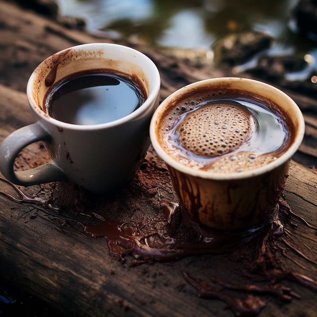 a cup of coffee next to a cup of mud water, a coffee alternative.