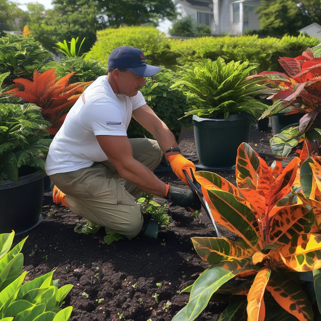 Image of a gardener pruning a bed of croton plants.