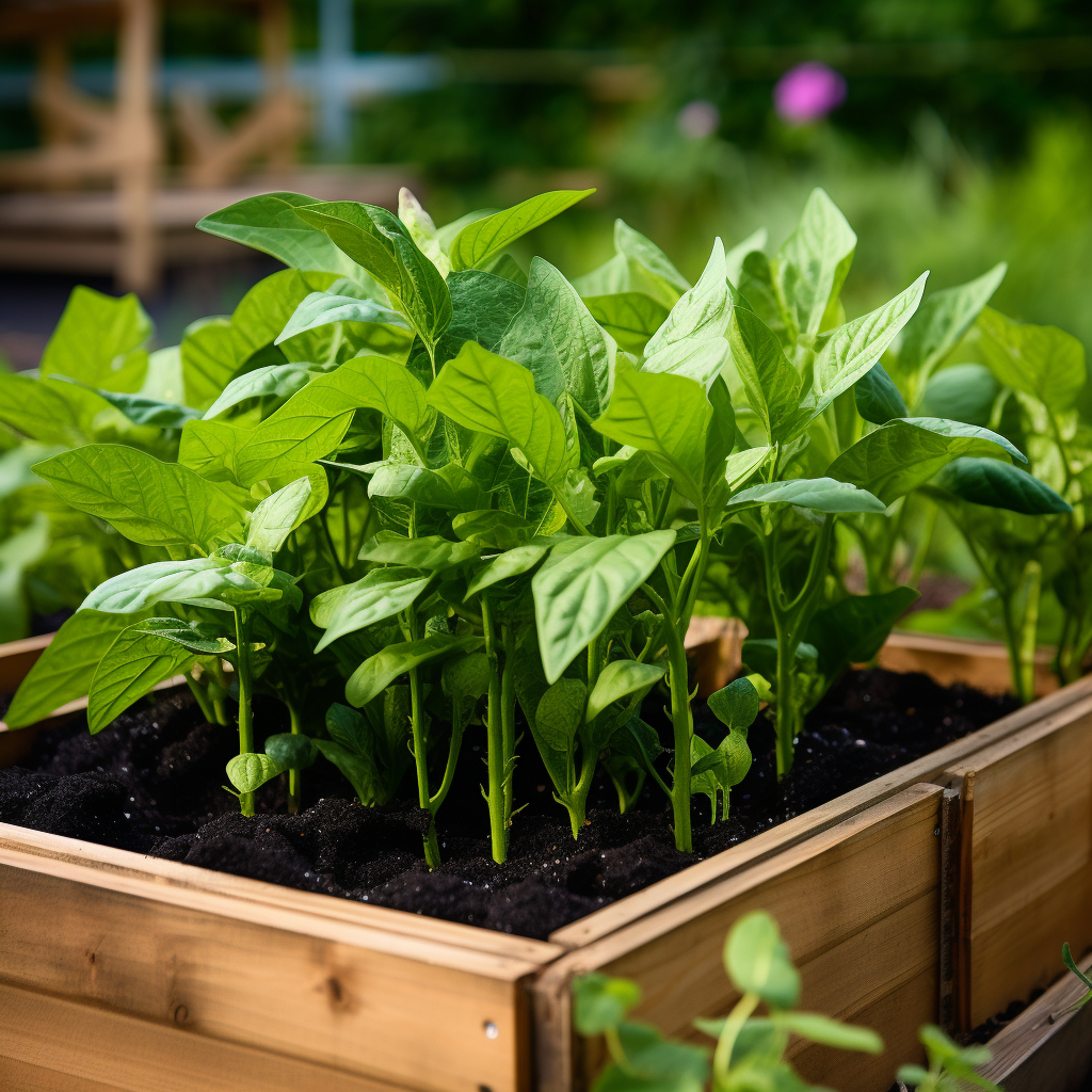 An image capturing a thriving garden bed or container filled with healthy black bean plants at different growth stages, exhibiting their lush green leaves and pod development.