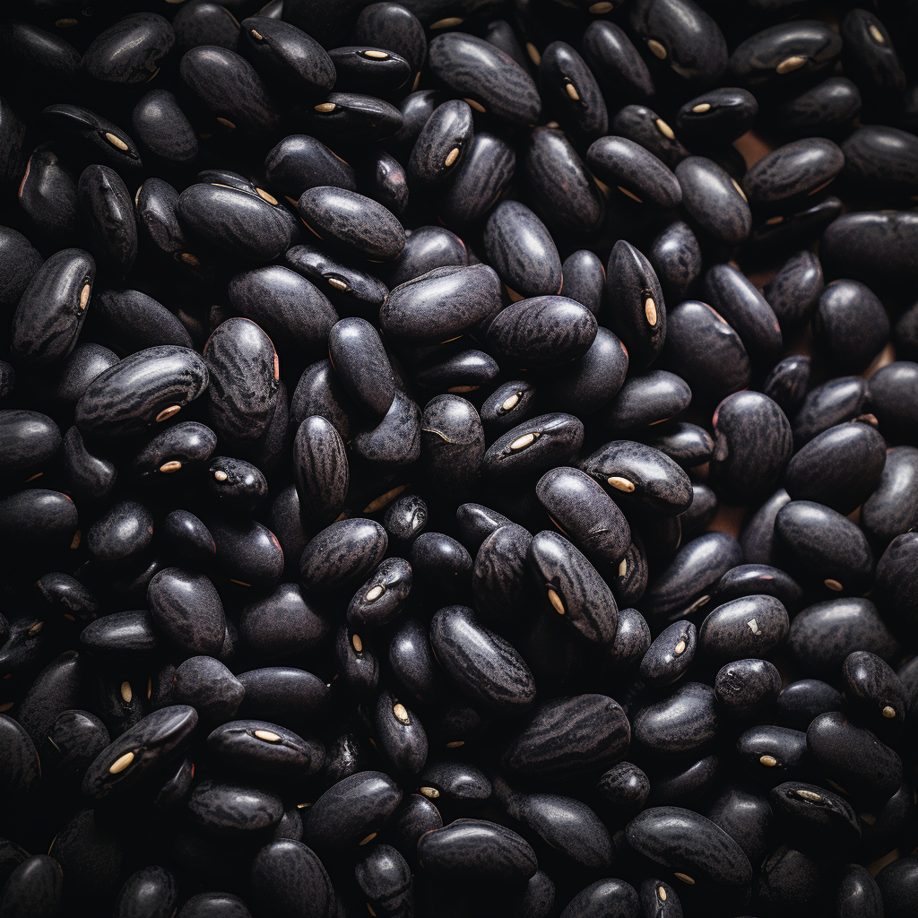 A close-up photograph showcasing freshly harvested black beans, portraying their distinct texture, color, and appearance once they're ready for collection.