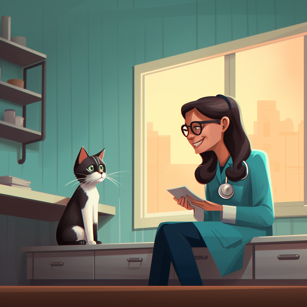 An image portraying a cat owner having a discussion with a veterinarian about their cat's dietary needs.