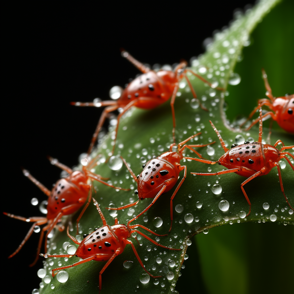 A close-up of spider mites on the leaves of the dracaena deremensis.