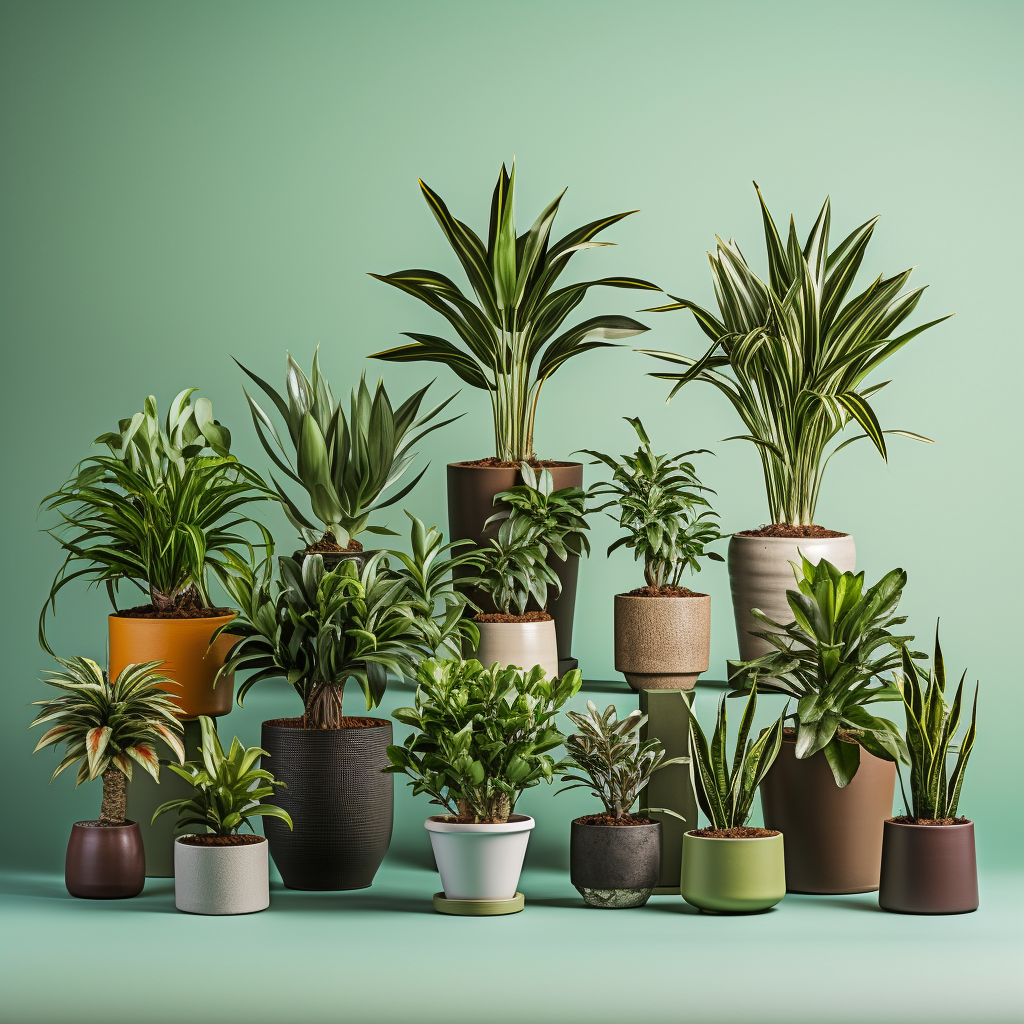 A series of Dracaena deremensis plants arranged in various pot sizes, showcasing the visual impact of growth in different containers.