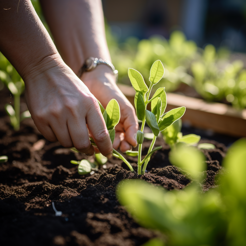 An image depicting someone planting edamame seeds in a garden bed.