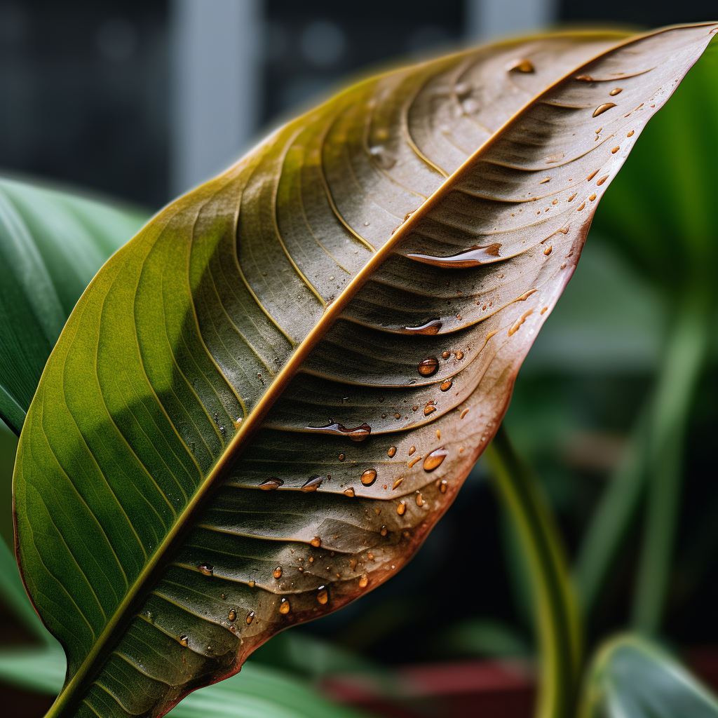 A leaf of a peace lily that is beginning to brown on its tip.