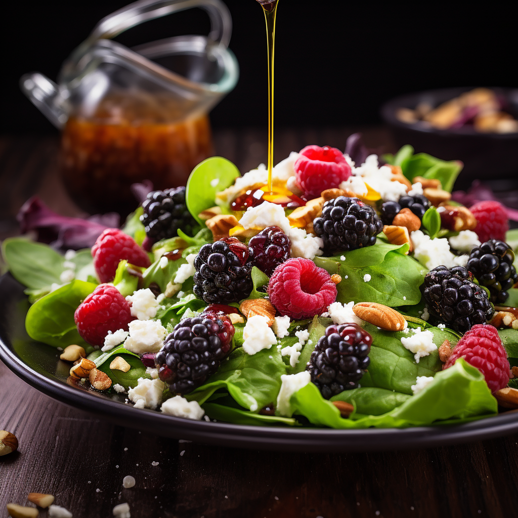 A high-quality photograph showcasing a vibrant and visually appealing salad with fresh black raspberries, mixed greens, goat cheese, and nuts, topped with a black raspberry vinaigrette.