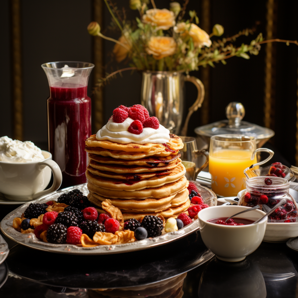 A visually enticing image featuring a breakfast spread with pancakes, waffles, oatmeal, and yogurt, beautifully adorned with black raspberries and their compote as toppings.