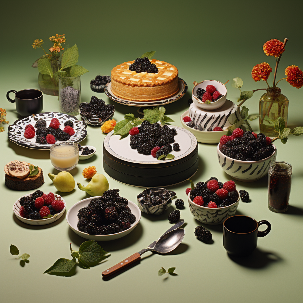 An image illustrating a set table with a variety of dishes where black raspberries are incorporated - from main courses to desserts, showcasing their versatility in culinary creations.