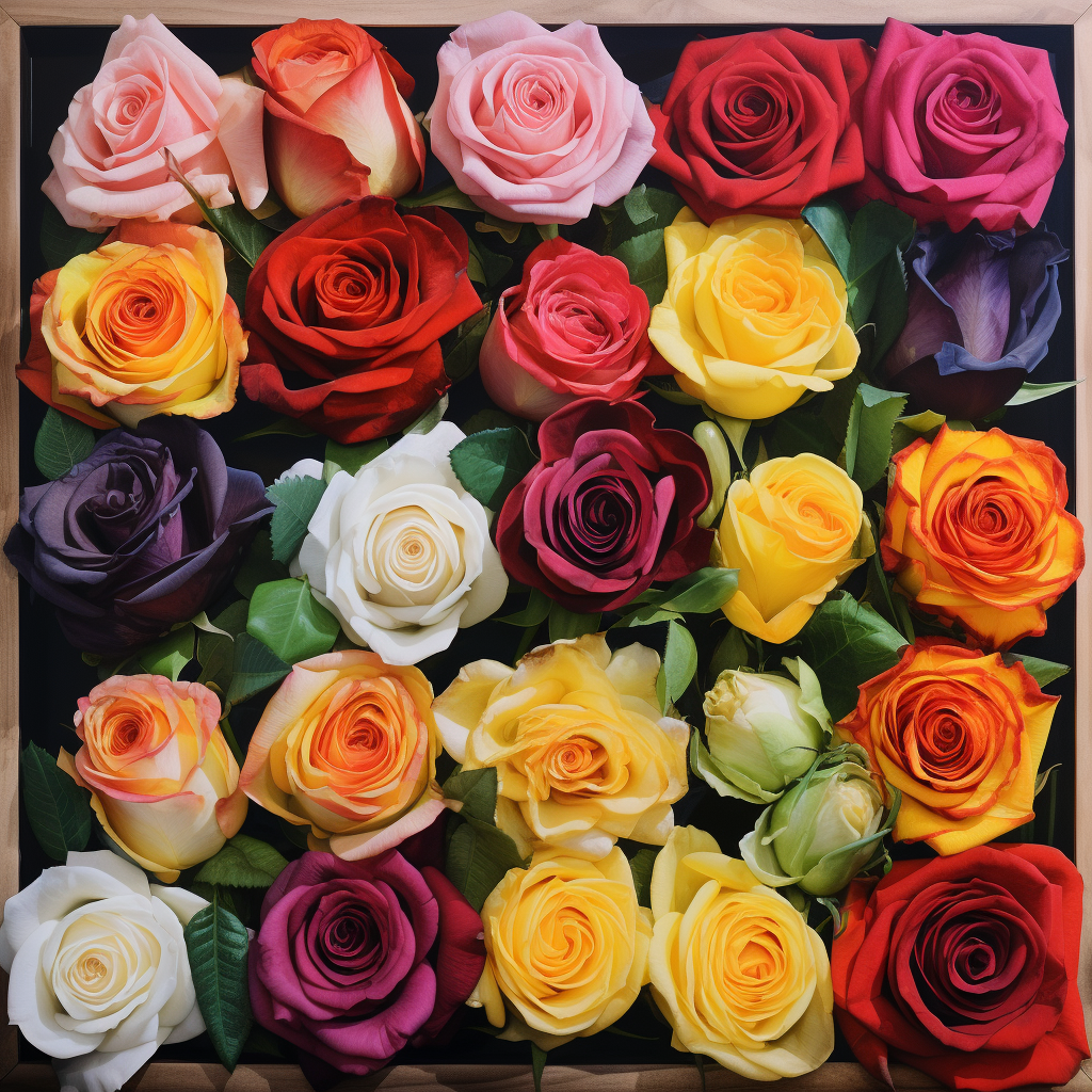 An image displaying a collage or grid showcasing various colored roses, including red, yellow, white, pink, black, green, orange, lavender, cabbage, quicksand, and high country roses.