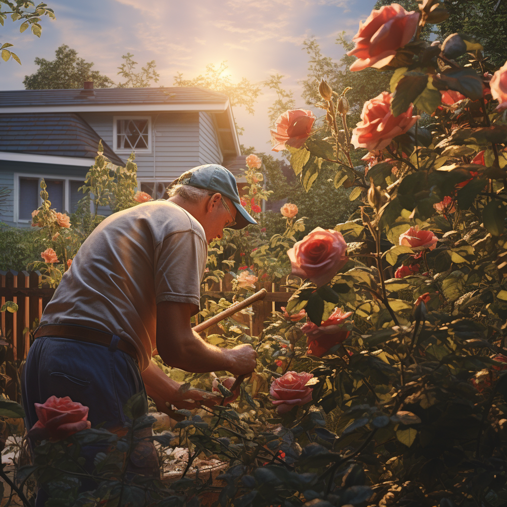 An image of a home gardener pruning a rose bush in their backyard.