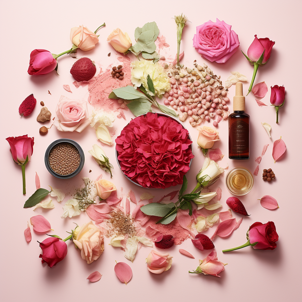 An image showcasing the versatility of roses, such as a collage portraying medicinal products derived from roses, skincare items featuring rose extracts, perfume-making processes with roses, and culinary dishes incorporating rose petals or seeds.