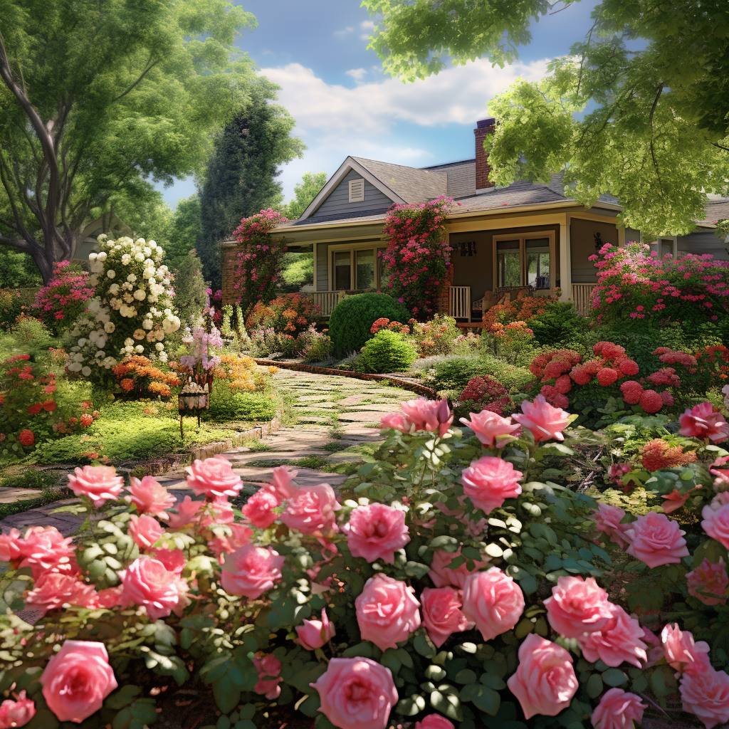 An image capturing the beauty of a well-maintained backyard garden with an array of blooming rose bushes.