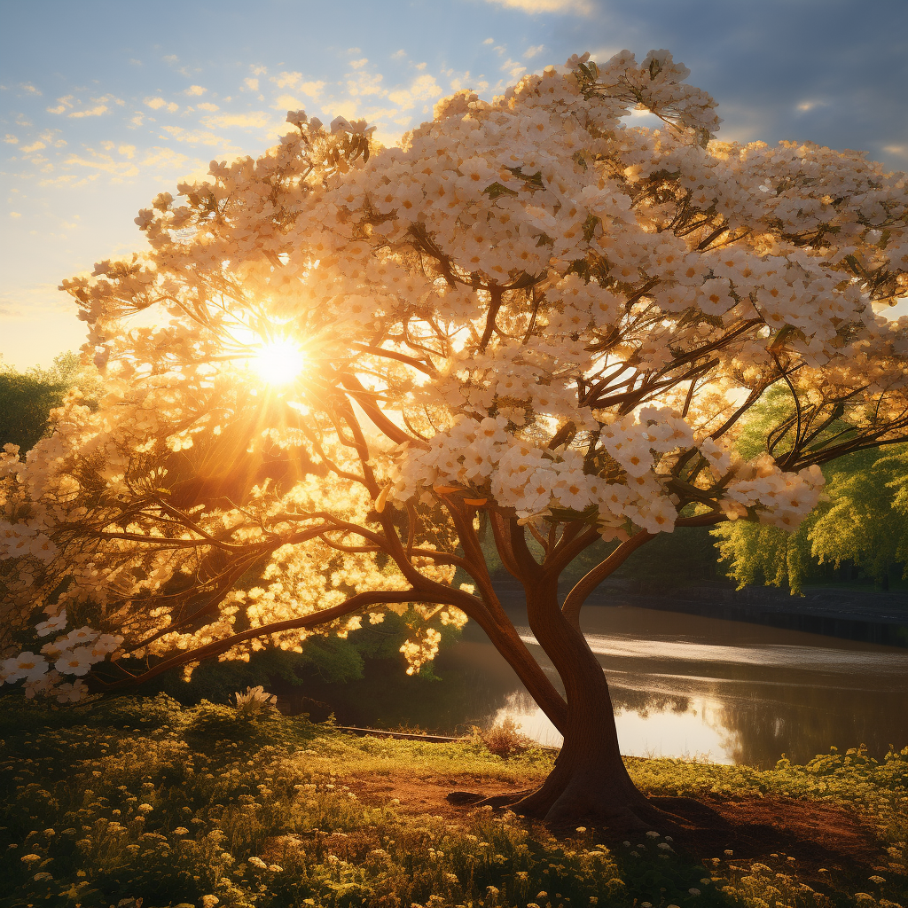 A white flowering tree, a kousa dogwood, with golden light shining on it.