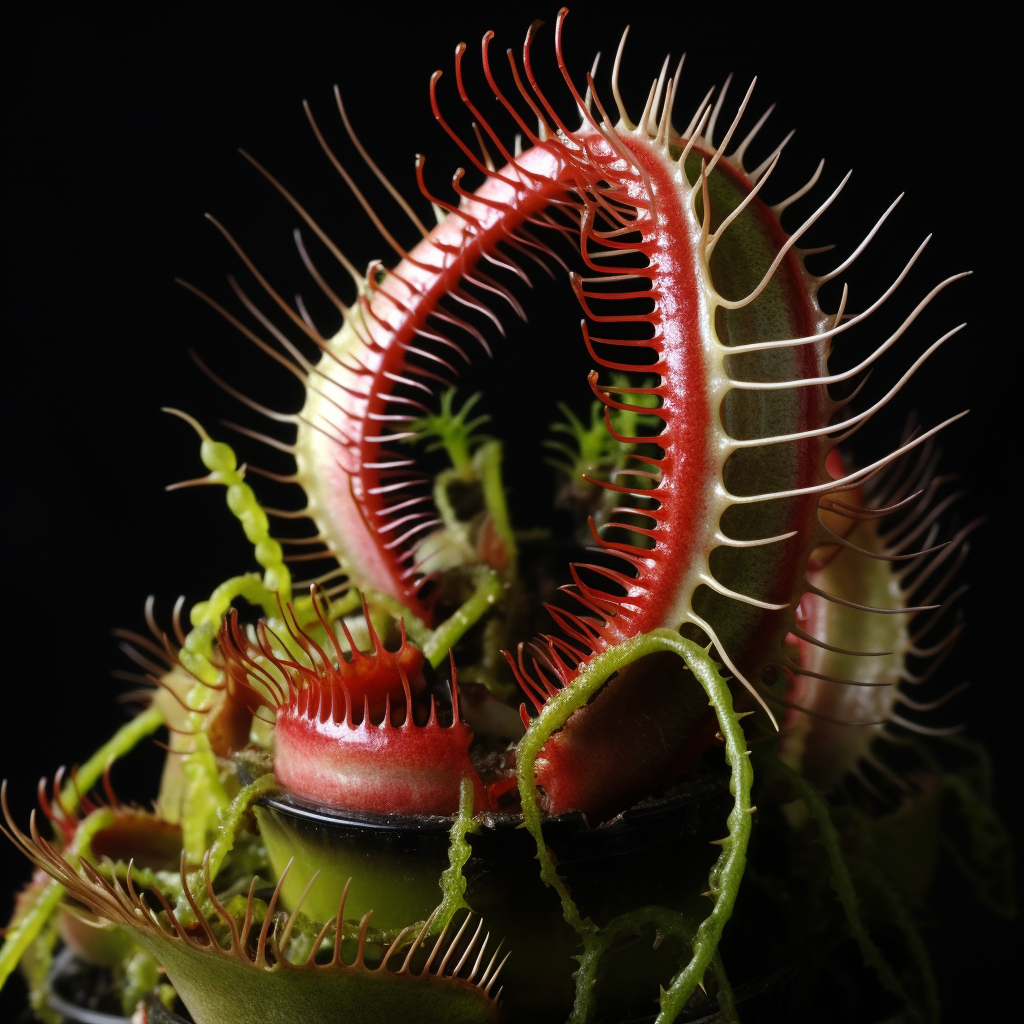 image showing the intricate details of a venus fly trap, including the trigger hairs, the hinged jaws, and the sticky surface inside the trap.