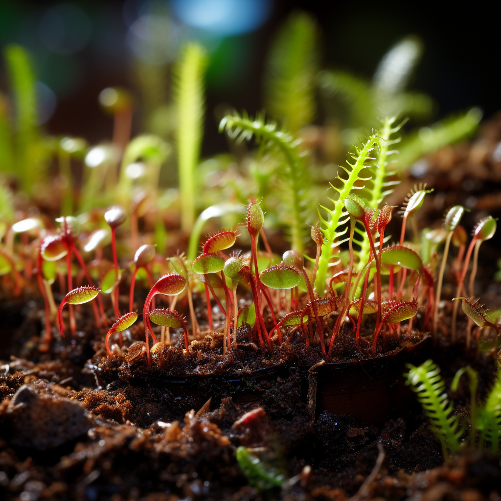 image showing a group of venus fly trap seedlings at different stages of development, from tiny sprouts to small plants with visible traps.