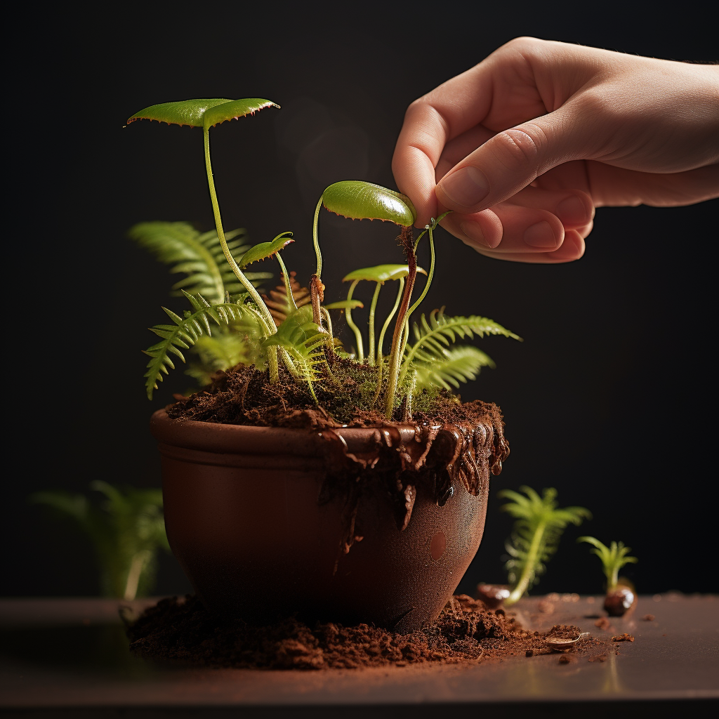 image showing the process of transplanting a venus fly trap seedling from a small pot to a larger pot. The hand should be gently lifting the seedling from the small pot and placing it in the larger pot.
