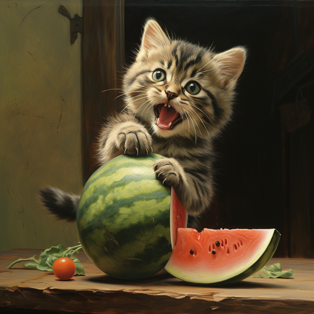 An image of a content and happy cat sniffing or playfully interacting with a small, safe piece of watermelon.
