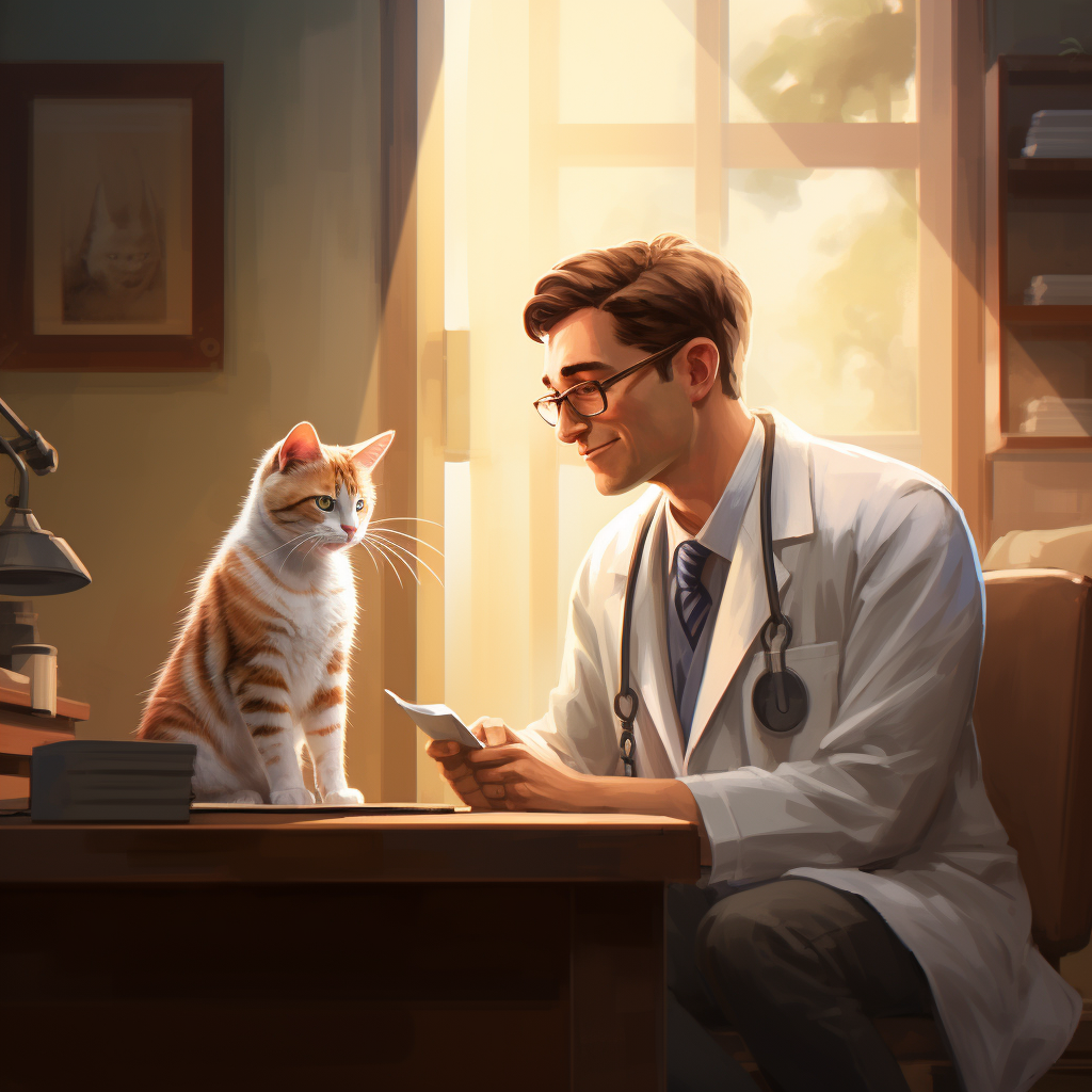 A professional and comforting image of a veterinarian having a consultation or check-up with a cat.