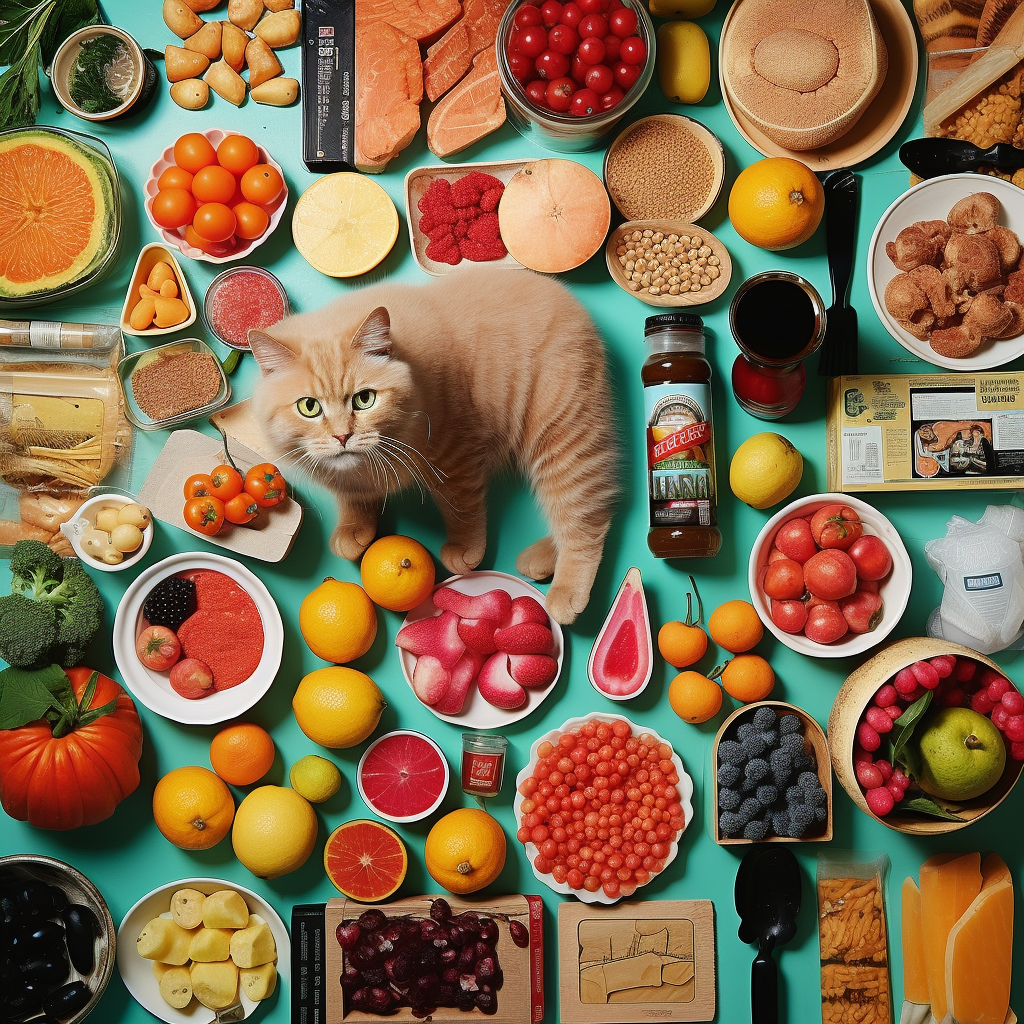 A visually appealing collage or montage of images showcasing a variety of foods suitable for a cat's diet.