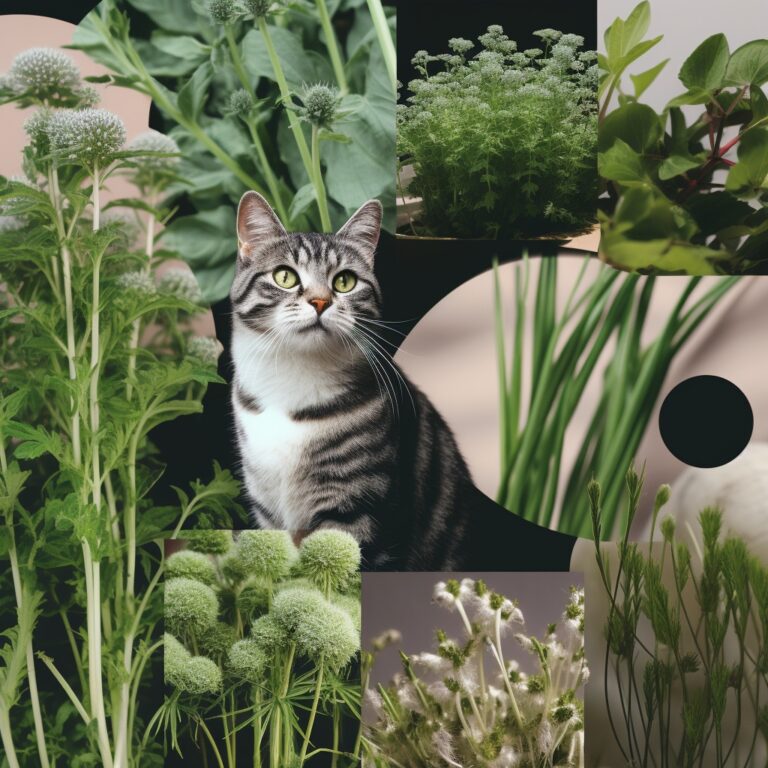 a collage of images showcasing cat-safe plants, including catnip, spider plants, oat grass, silver vine, and valerian.