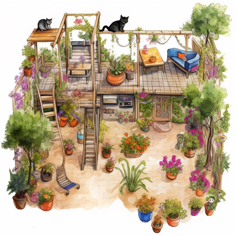 a sketch depicting a cat-friendly garden layout. Included elements like climbing structures, scratching posts, cozy nooks, and cat-friendly plants.