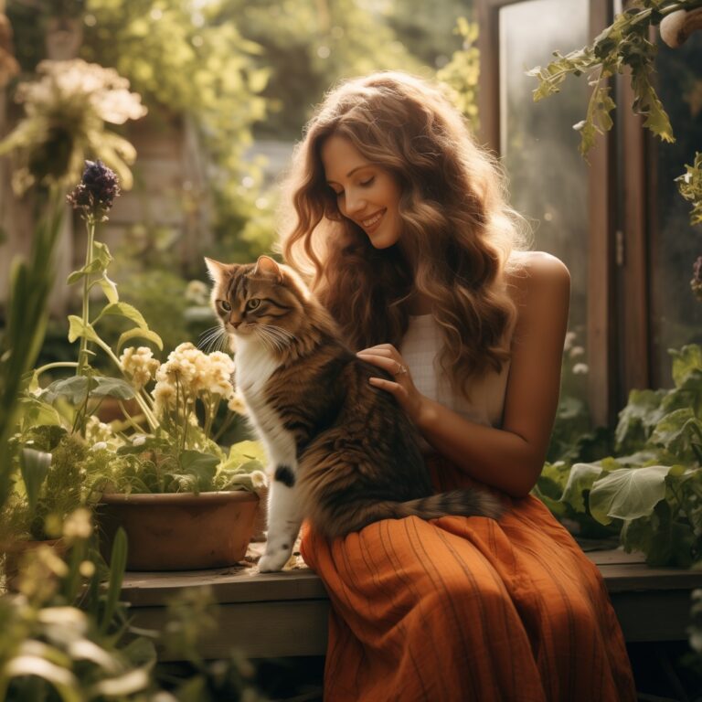 A heartwarming image capturing a moment of connection between a cat owner and their feline companion in the cat-friendly garden.