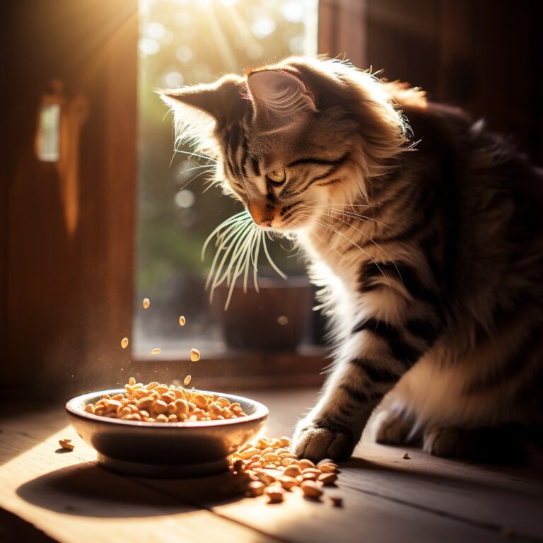 A cat eating from it's food bowl as it sits in the warm sun