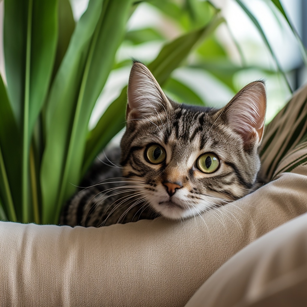 Image of a cat nibbling on a houseplant.