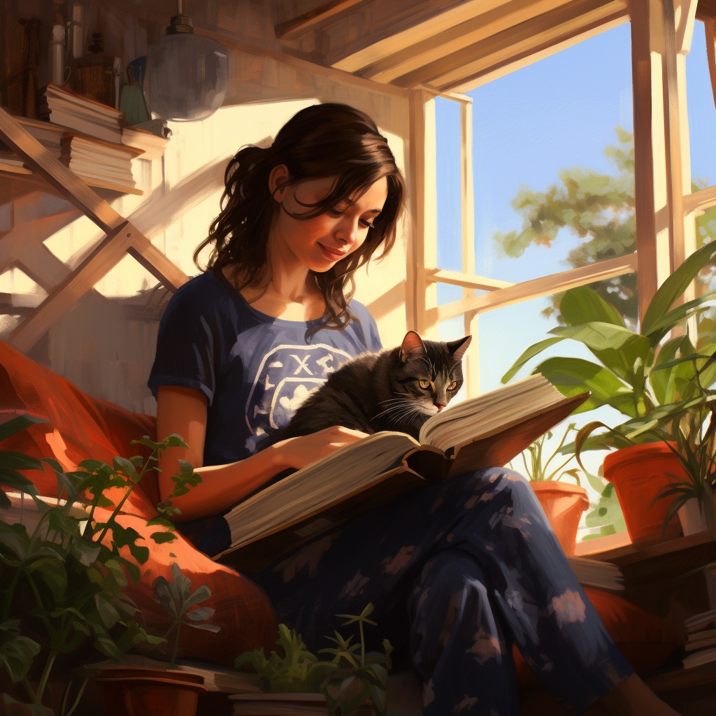 Image of a cat and its owner relaxing together in a plant-filled home.
