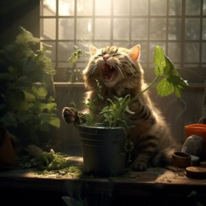 A cat experiencing symptoms after eating a toxic plant.