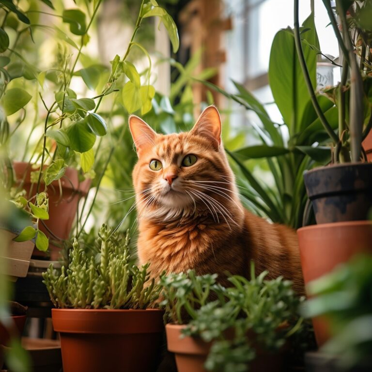 An image featuring a cat surrounded by a selection of cat-friendly plants