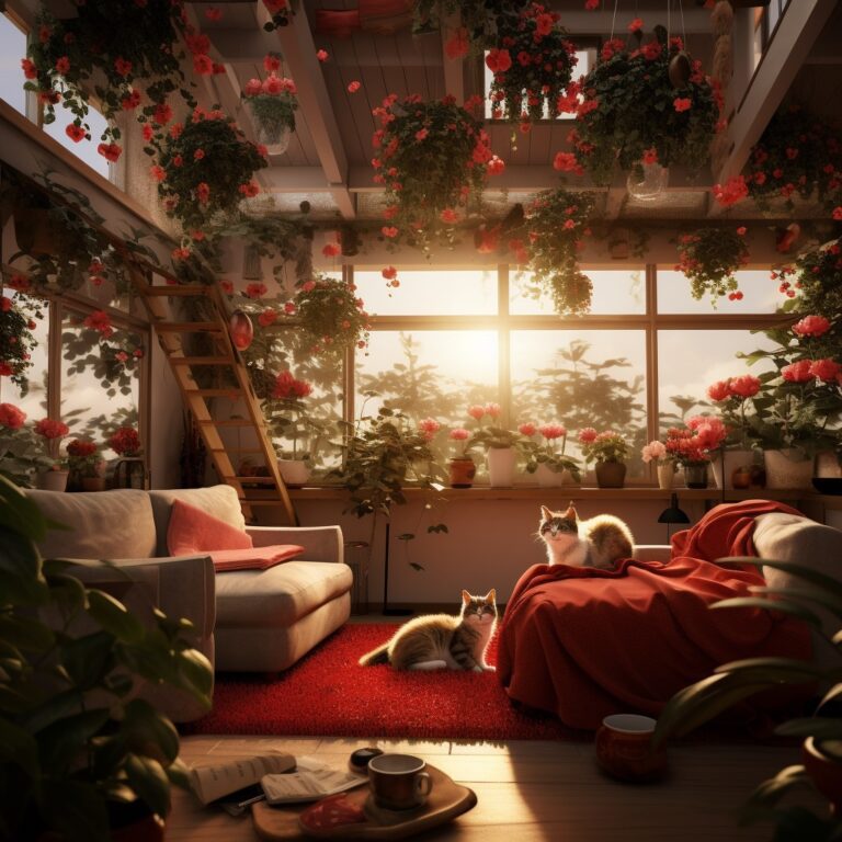 An apartment with poinsettias on high shelves and in hanging baskets, where pets cannot easily access them.